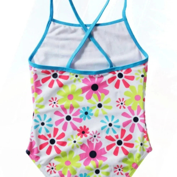 NEW GIRLS BATHING SUIT CROSS BACK SWIMSUIT SUMMER PINK BLUE WHITE FORAL SZ 4 5 6 - Picture 3 of 4